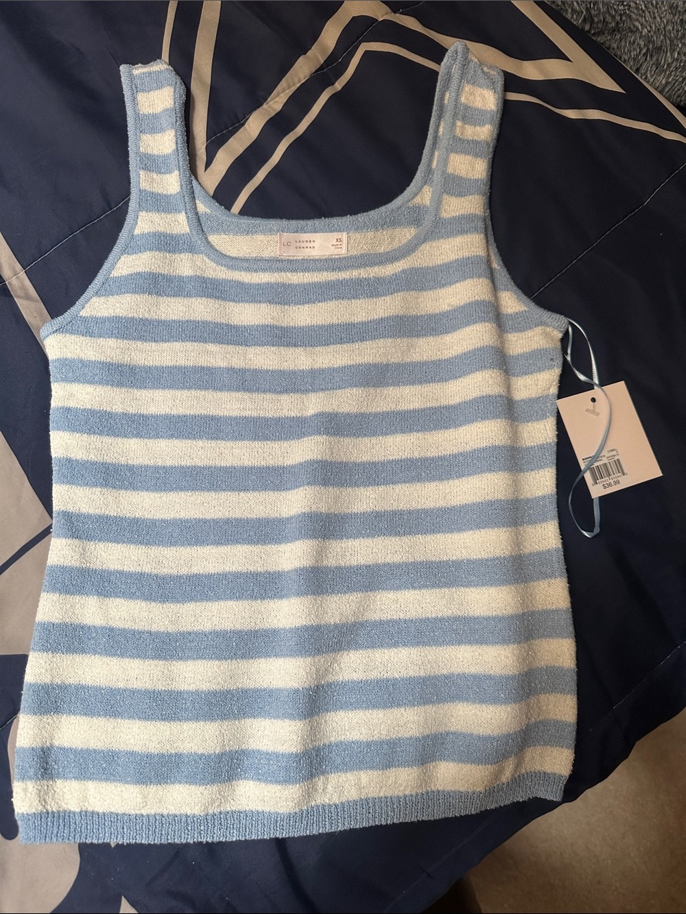LC Lauren Conrad Light Blue and Cream Striped Knit Tank
